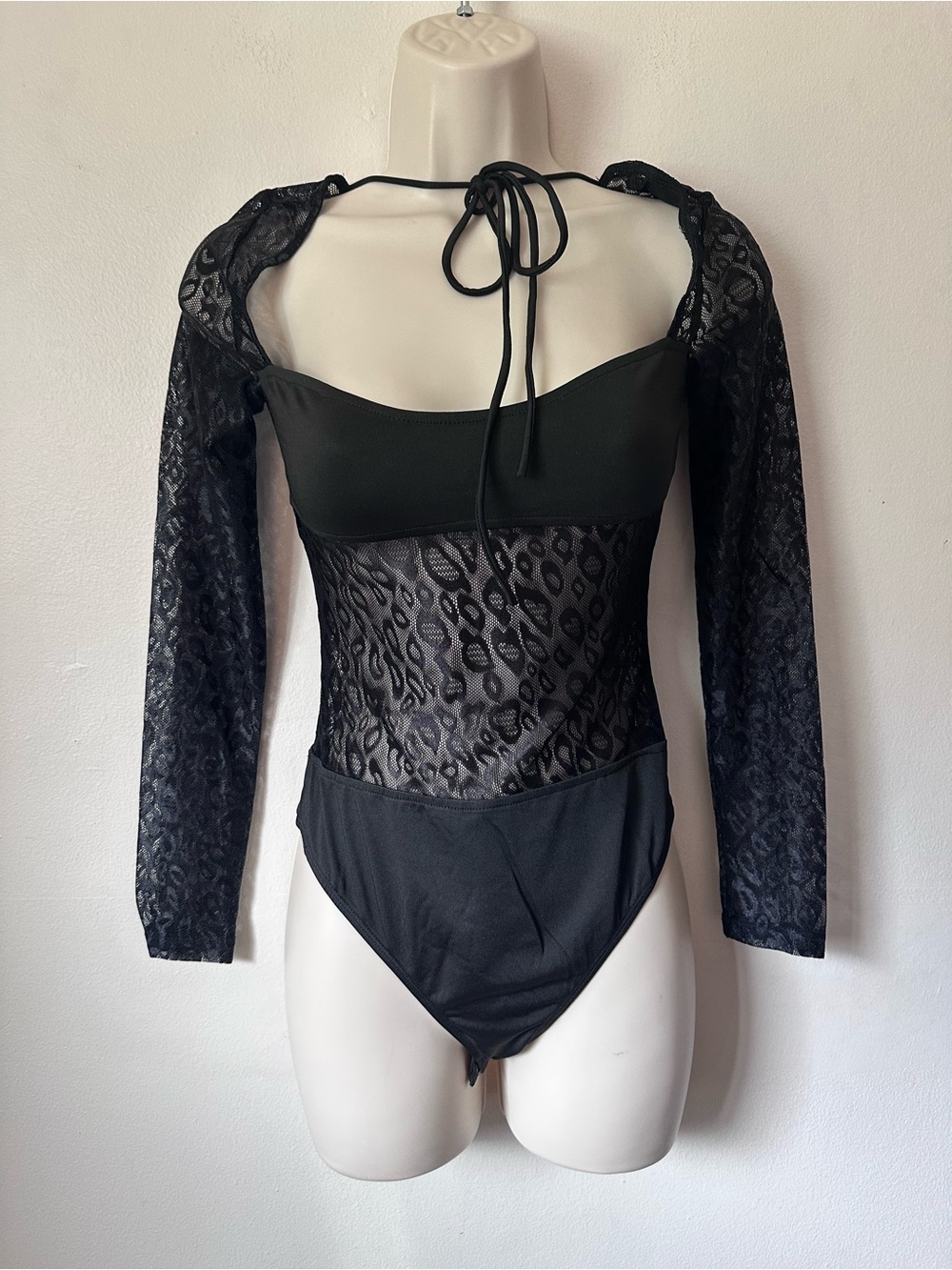 Black Lace Long-Sleeve Sheer Bodysuit Top